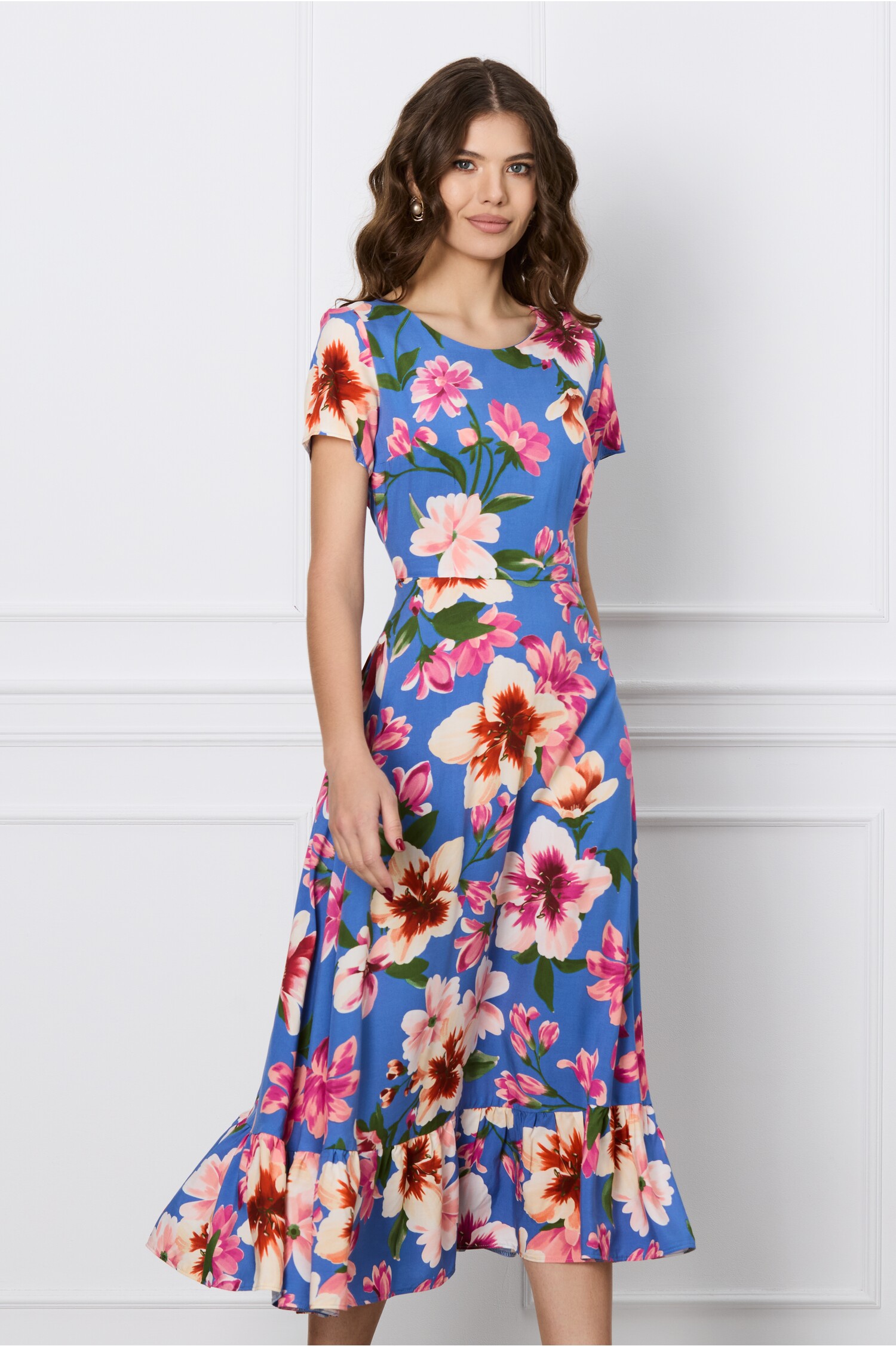 Rochie Mira albastra cu imprimeu floral roz