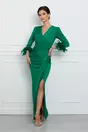 Rochie Mirela verde satinata cu pliuri si pene la baza manecilor
