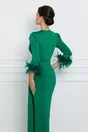 Rochie Mirela verde satinata cu pliuri si pene la baza manecilor