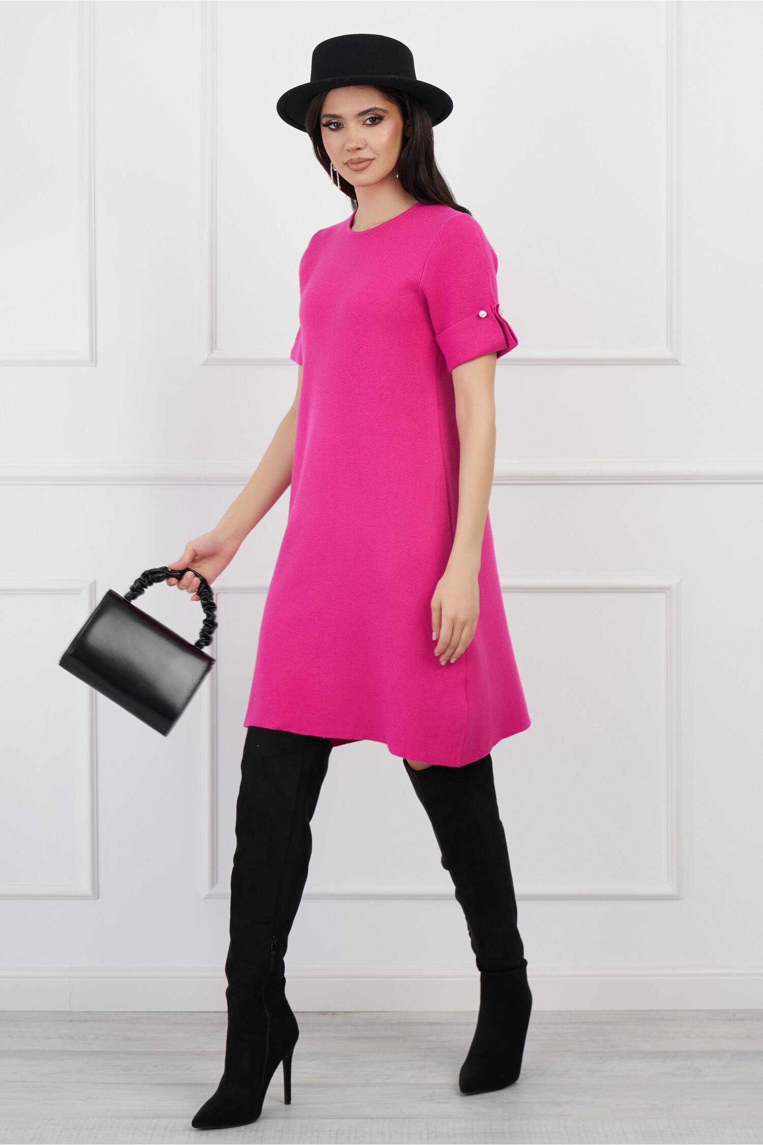 Rochie Miriam fucsia din tricot cu maneca scurta