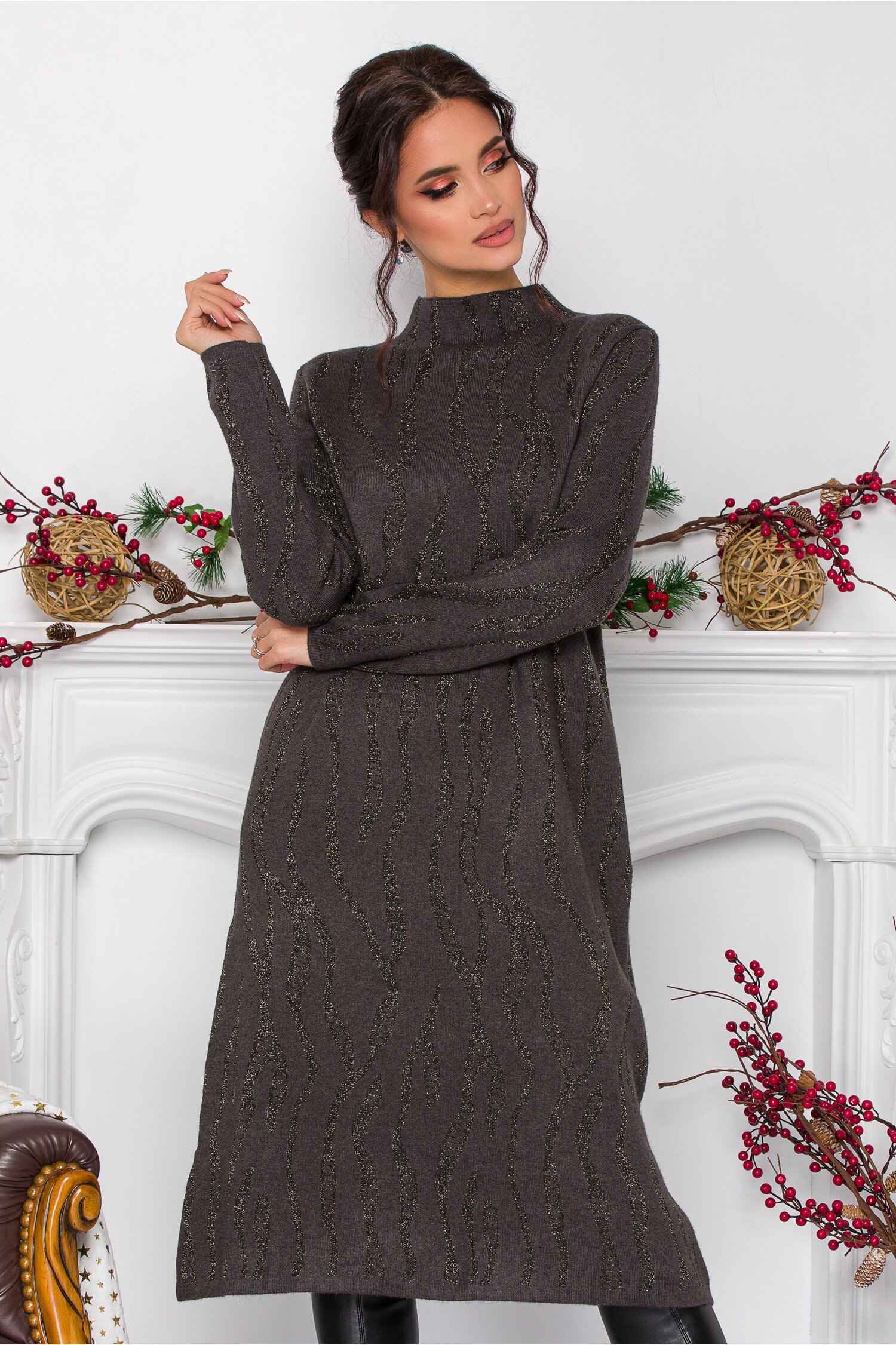 Rochie Morghy gri antracit cu insertii din fir lurex