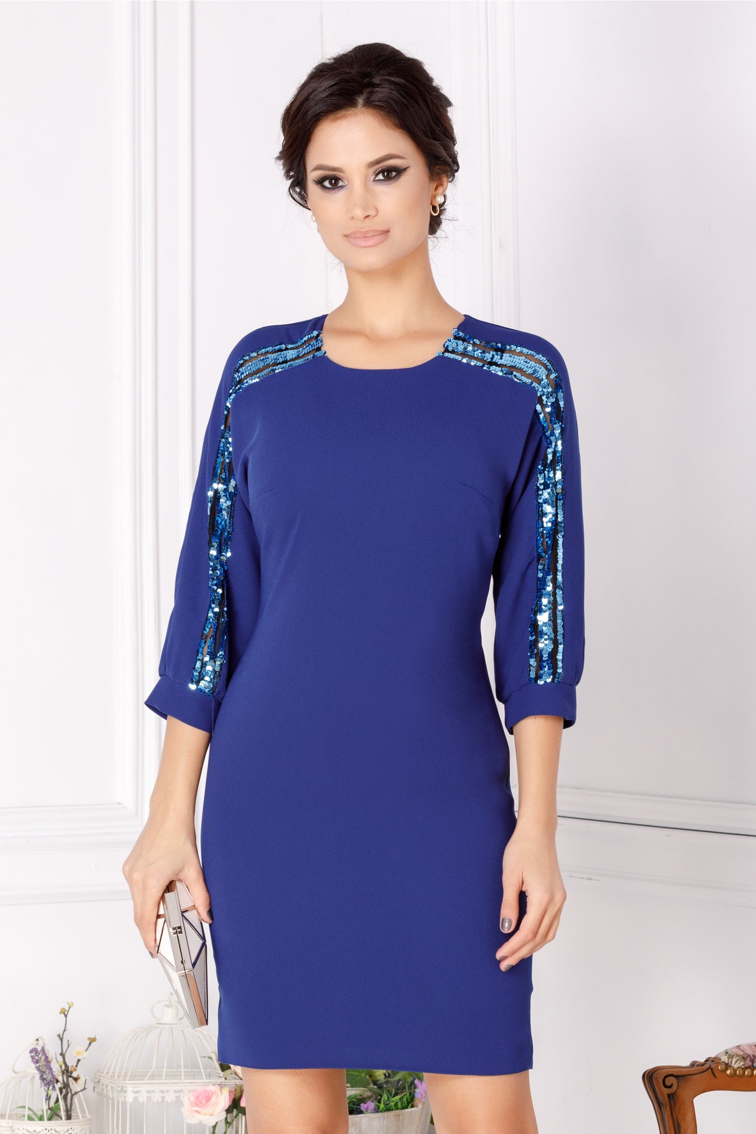 Rochie Moze albastra cu paiete si maneca raglan