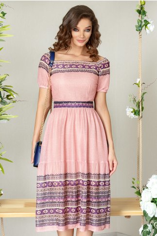 Rochie Moze Amira roz fara umeri cu imprimeu mov