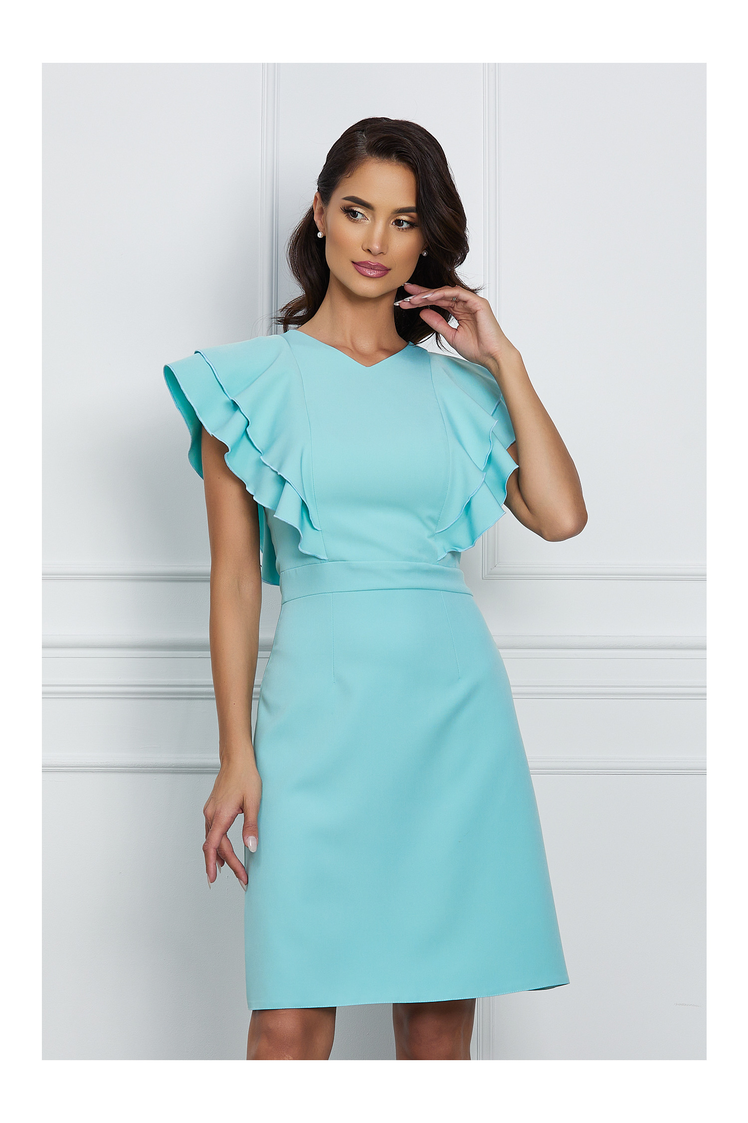 Rochie office bleu cu volane la bust