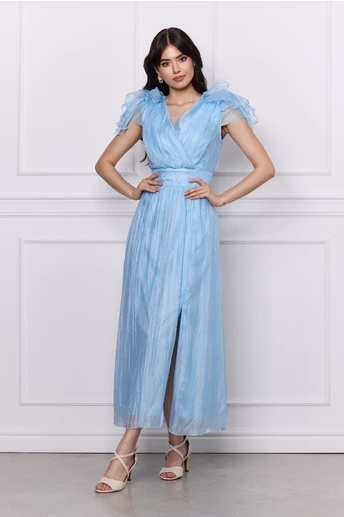 Rochie Moze bleu lunga din organza cu volanase la umeri