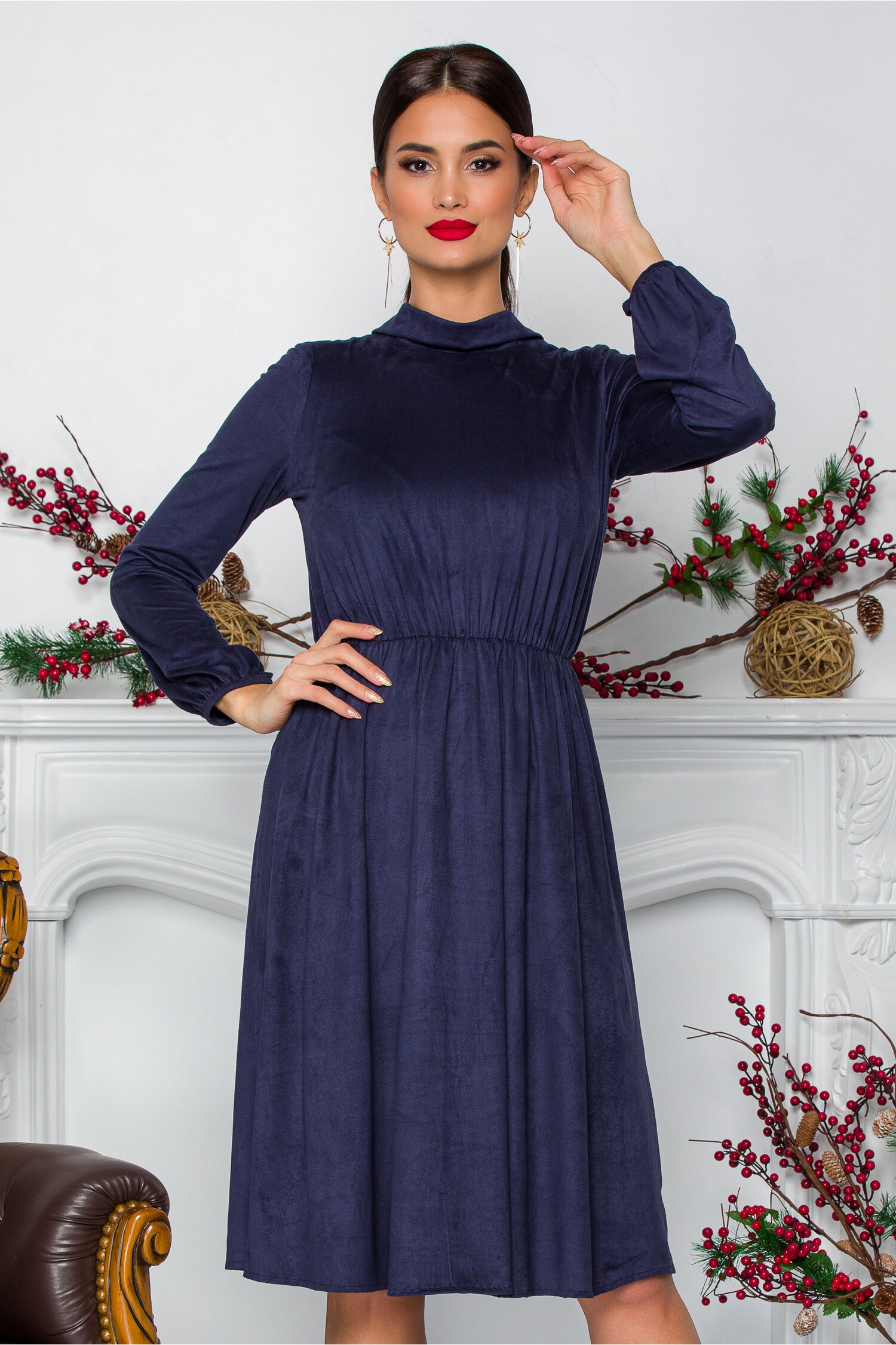 Rochie Moze bleumarin pe gat din piele intoarsa ecologica