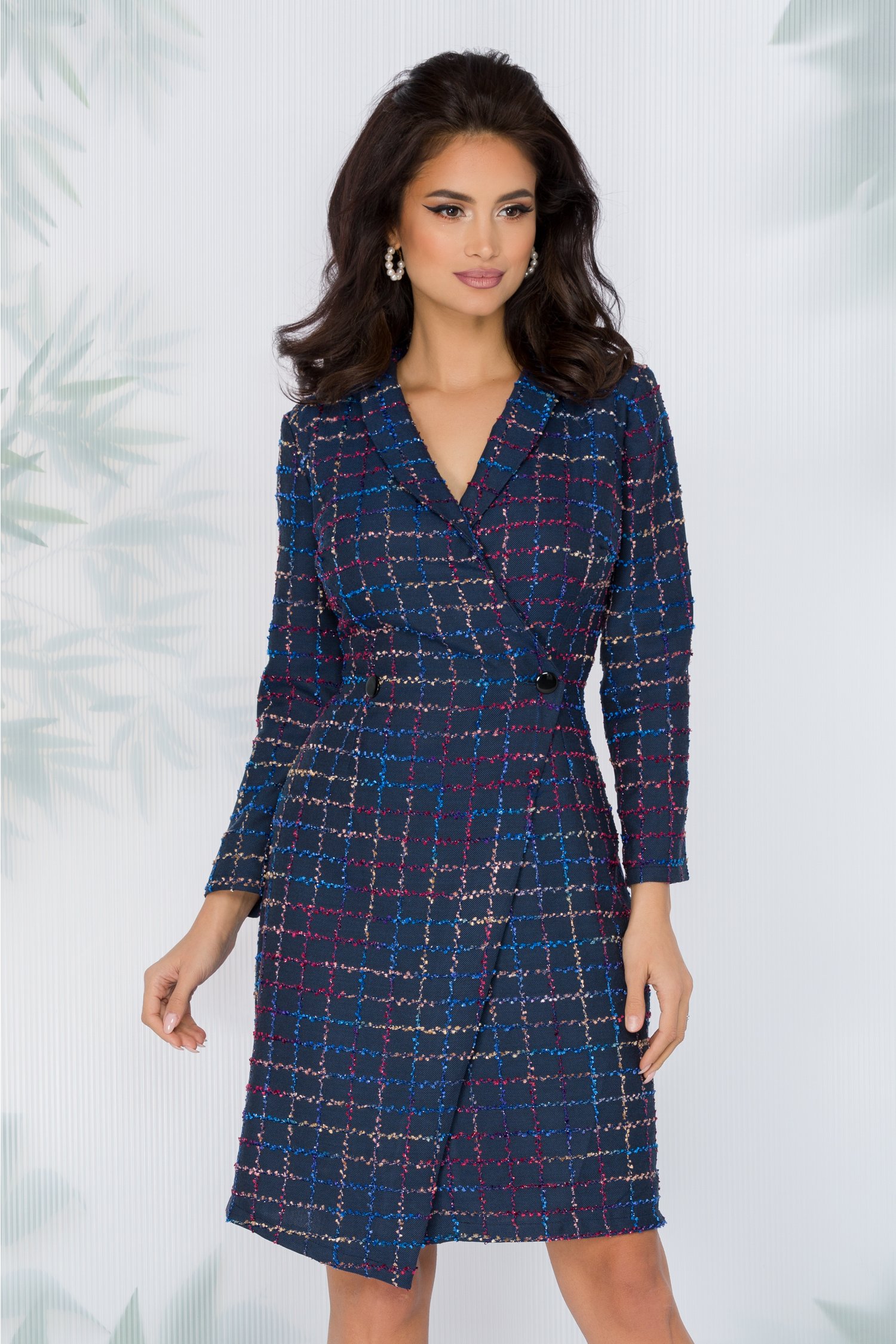 Rochie moze bleumarin stil sacou cu carouri in relief