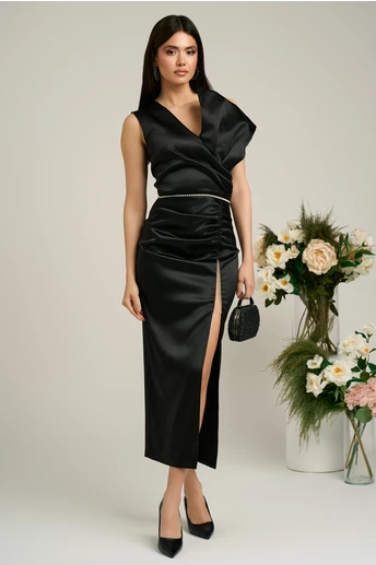 Rochie Moze de seara neagra cu perle in talie pe un umar