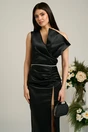 Rochie Moze de seara neagra cu perle in talie pe un umar