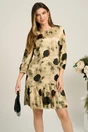 Rochie Moze de zi din satin bej cu imprimeuri negre si volan la baza