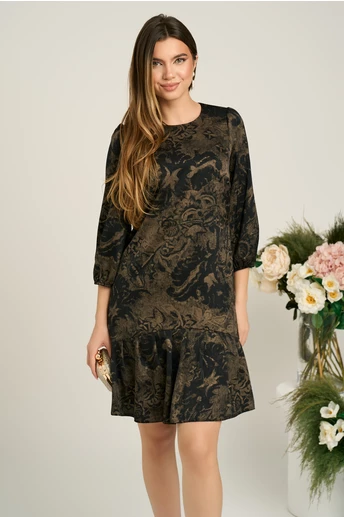 Rochie Moze de zi din satin maro cu imprimeuri negre si volan la baza