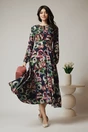 Rochie Moze de zi din viscoza bleumarin cu imprimeuri roz