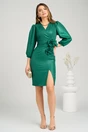 Rochie Moze eleganta din stofa cu insertii din glitter verde cu flori in talie