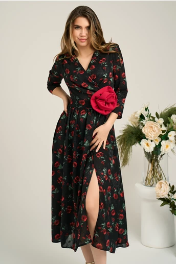 Rochie Moze eleganta din voal neagra cu trandafiri rosii