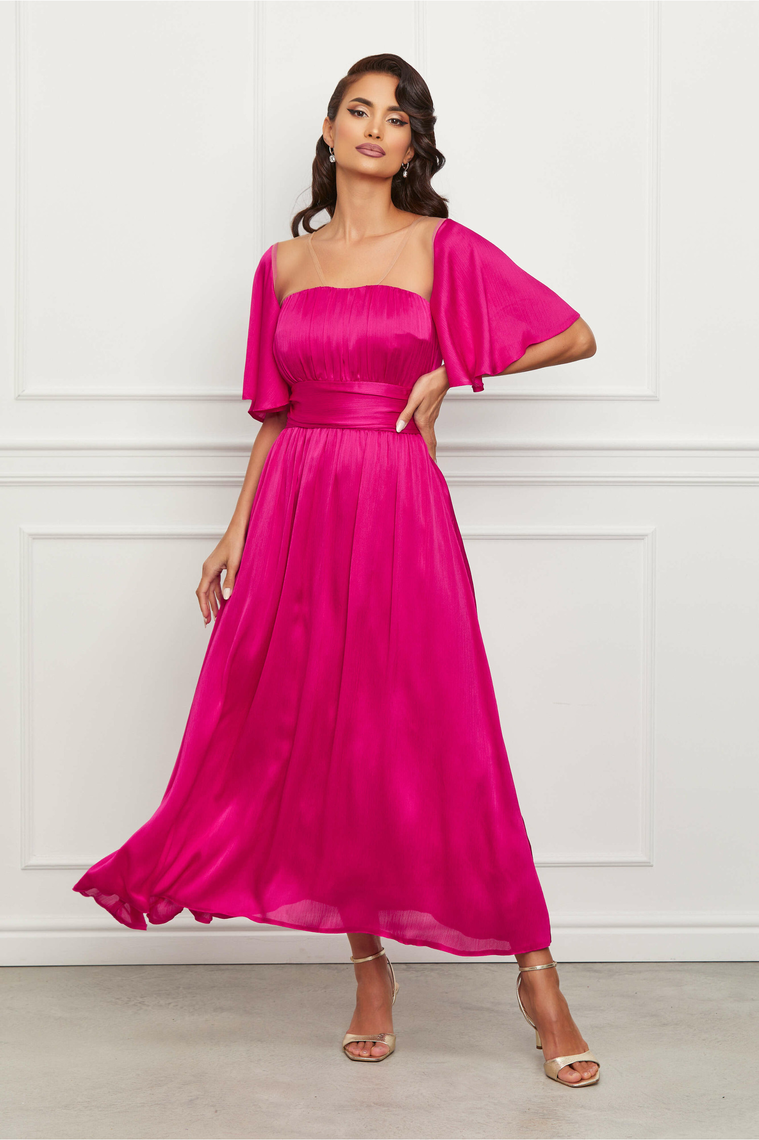 Rochie lunga fuchsia lunga din voal satinat