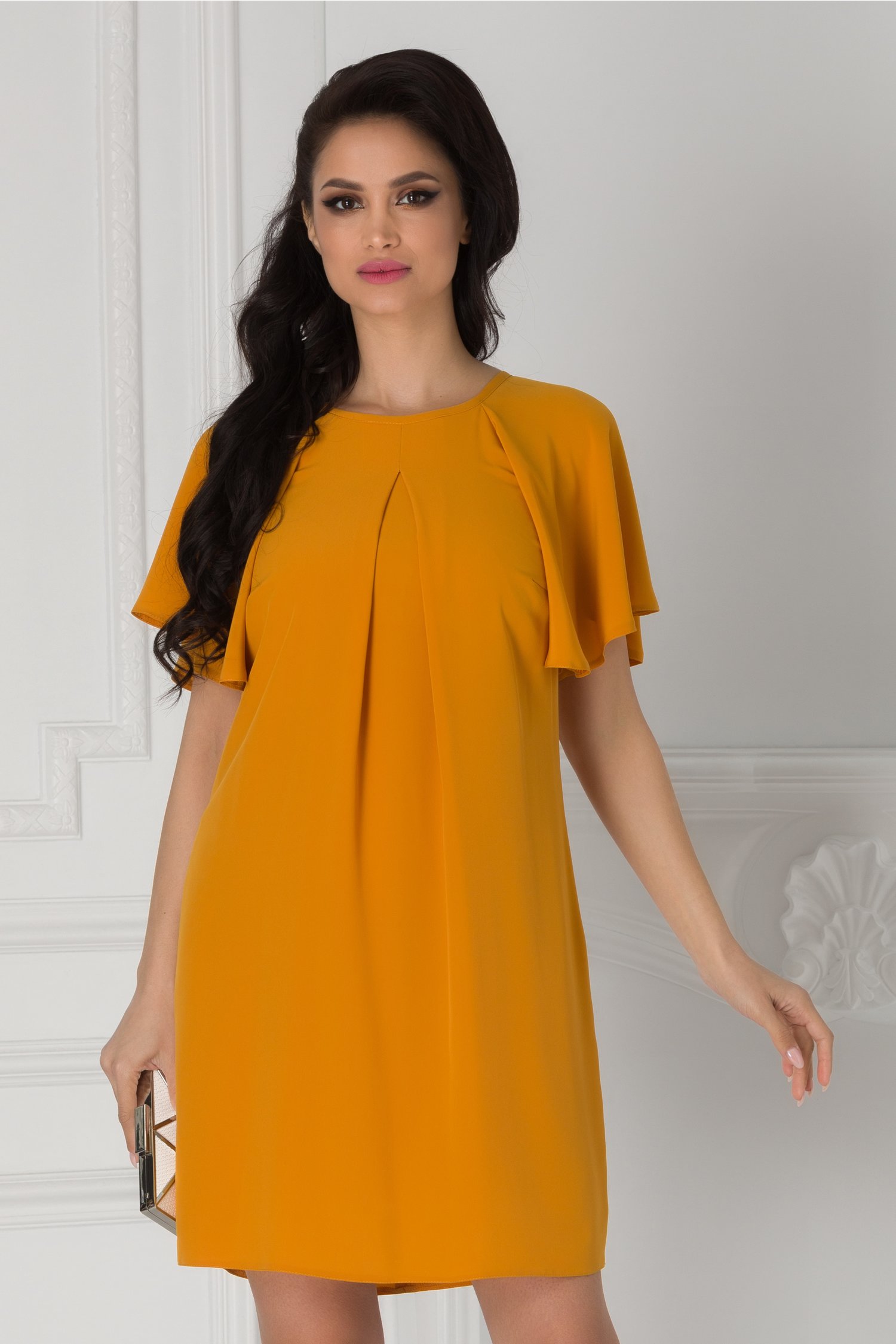Rochie Moze galben mustar tip clopot cu maneci scurte