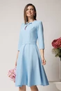Rochie Moze office bleu din stofa cu funda si decupaj la guler