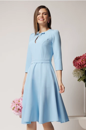 Rochie Moze office bleu din stofa cu funda si decupaj la guler