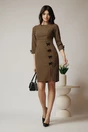 Rochie Moze office din stofa maro cu imprimeu pepit si funde pe fusta
