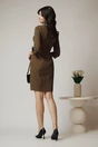 Rochie Moze office din stofa maro cu imprimeu pepit si funde pe fusta