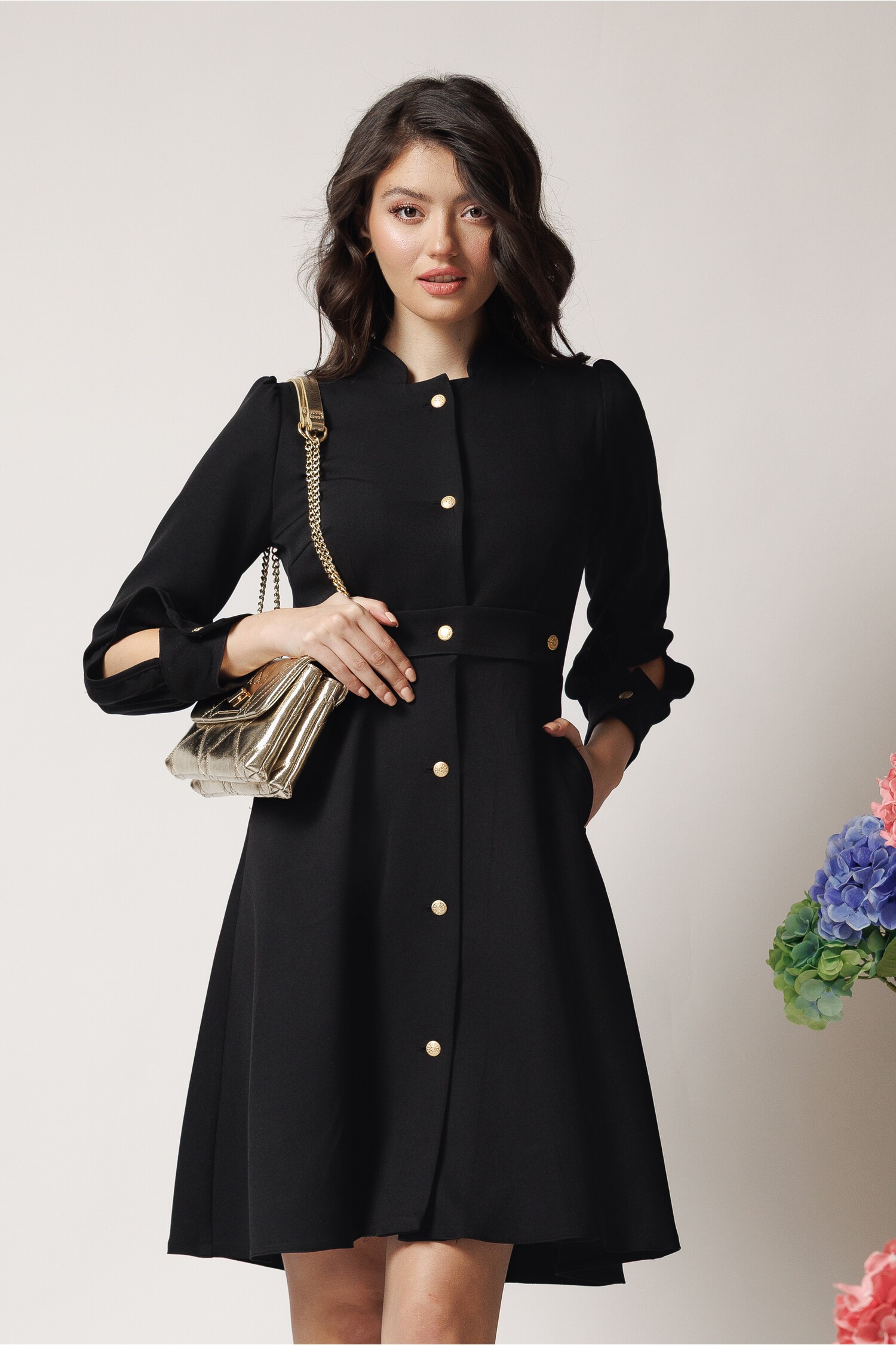 Rochie Moze office din stofa neagra cu nasturi