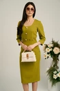 Rochie Moze office verde lime cu nasturi perlati pe bust