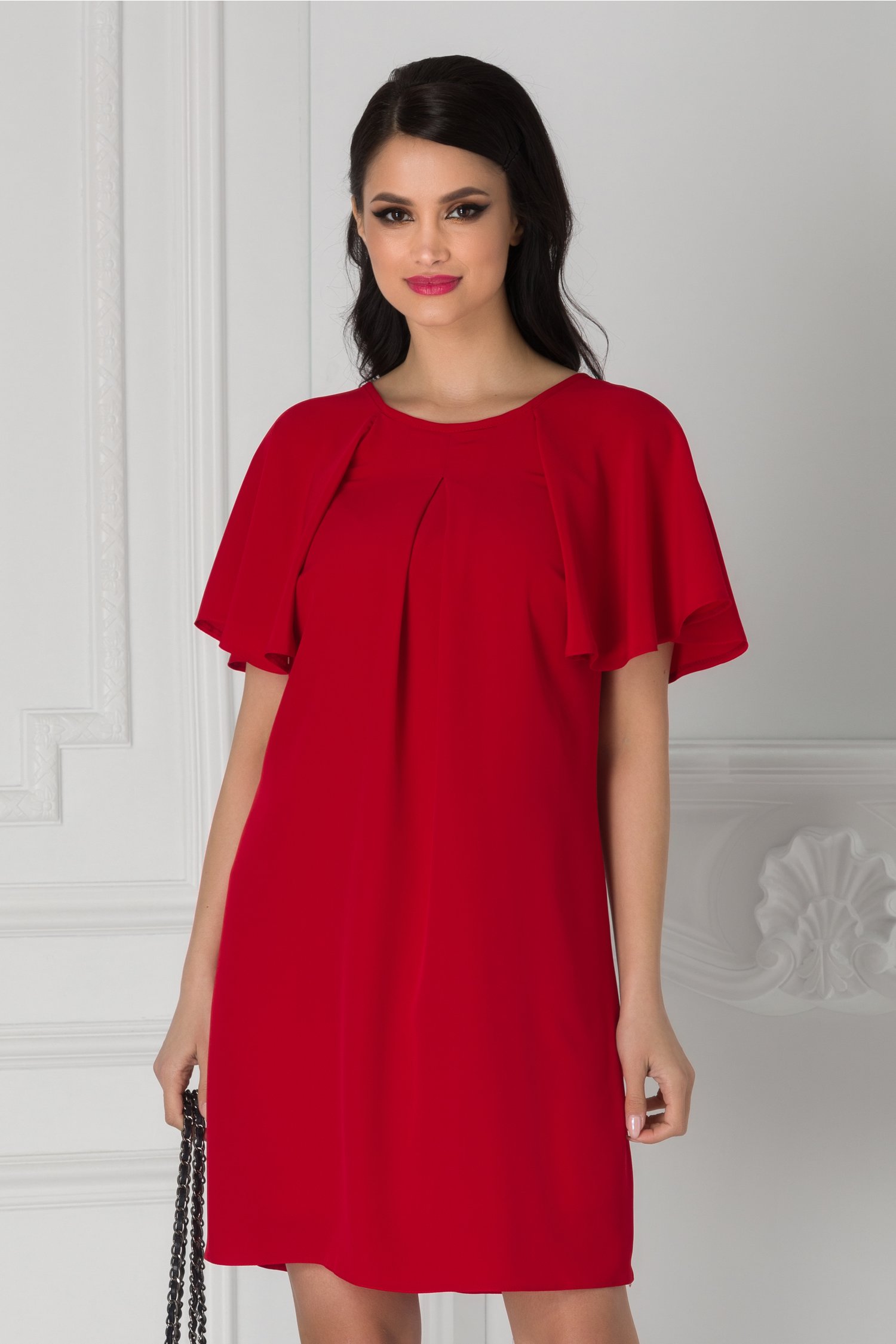 Rochie Moze rosie tip clopot cu maneci scurte