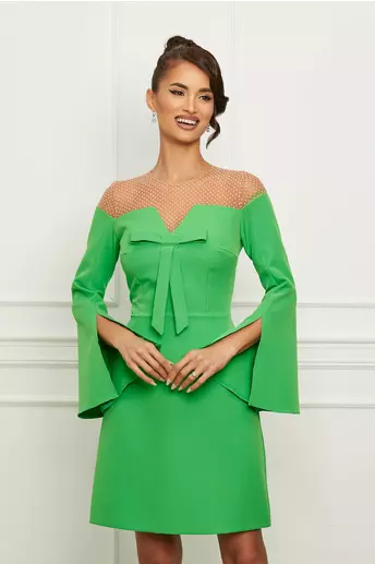 Rochie Moze verde cu tull la bust si maneci evazate