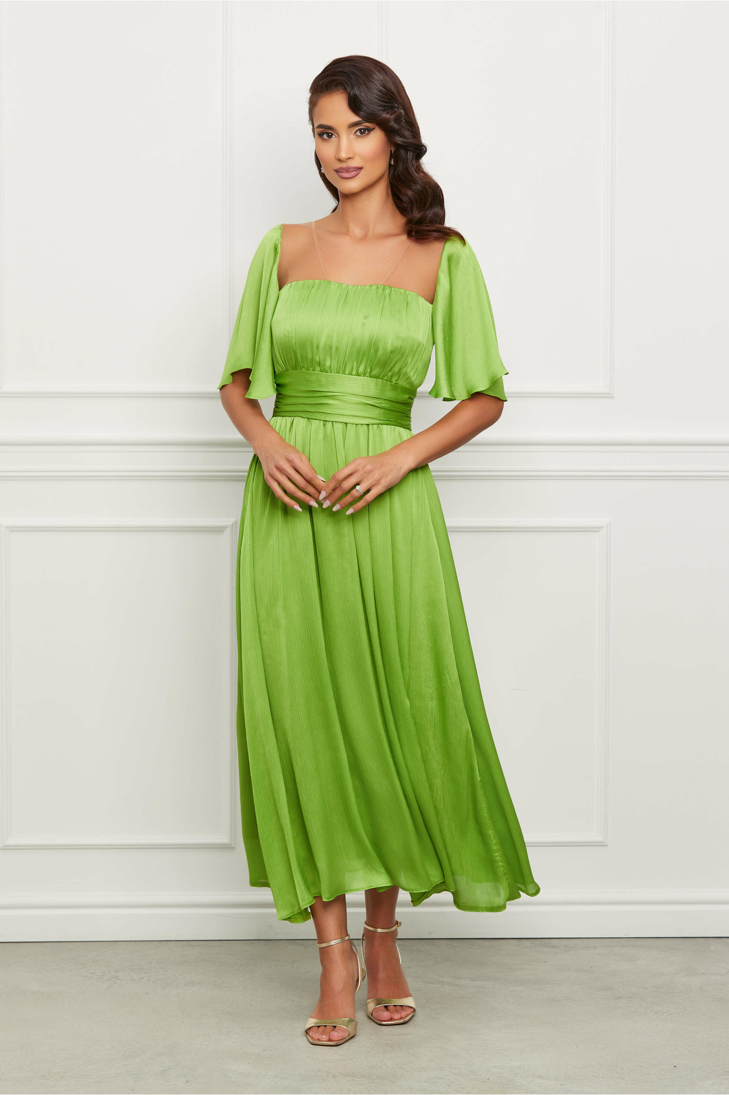 Rochie verde lime lunga din voal satinat