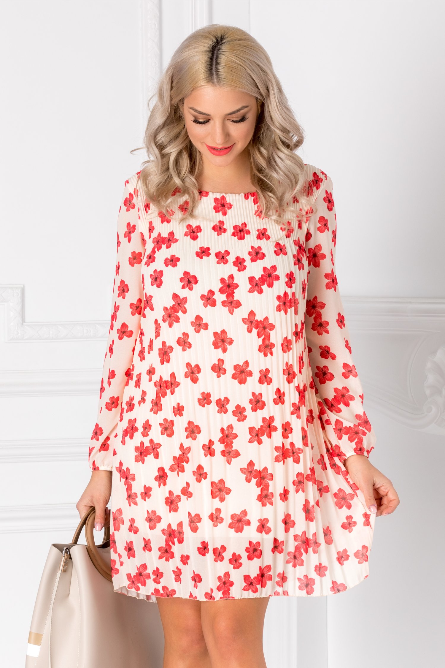 Rochie Myra ivory cu imprimeu floral rosu