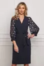 Rochie Nadia bleumarin cu imprimeu floral pe maneci si cordon in talie