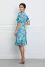 Rochie Nadia verde mint cu imprimeu floral albastru si fronseu pe fusta
