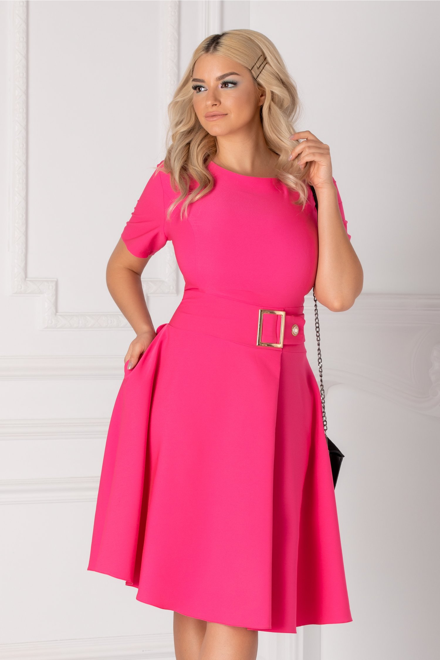 Rochie Nadine fucsia cu accesoriu in talie