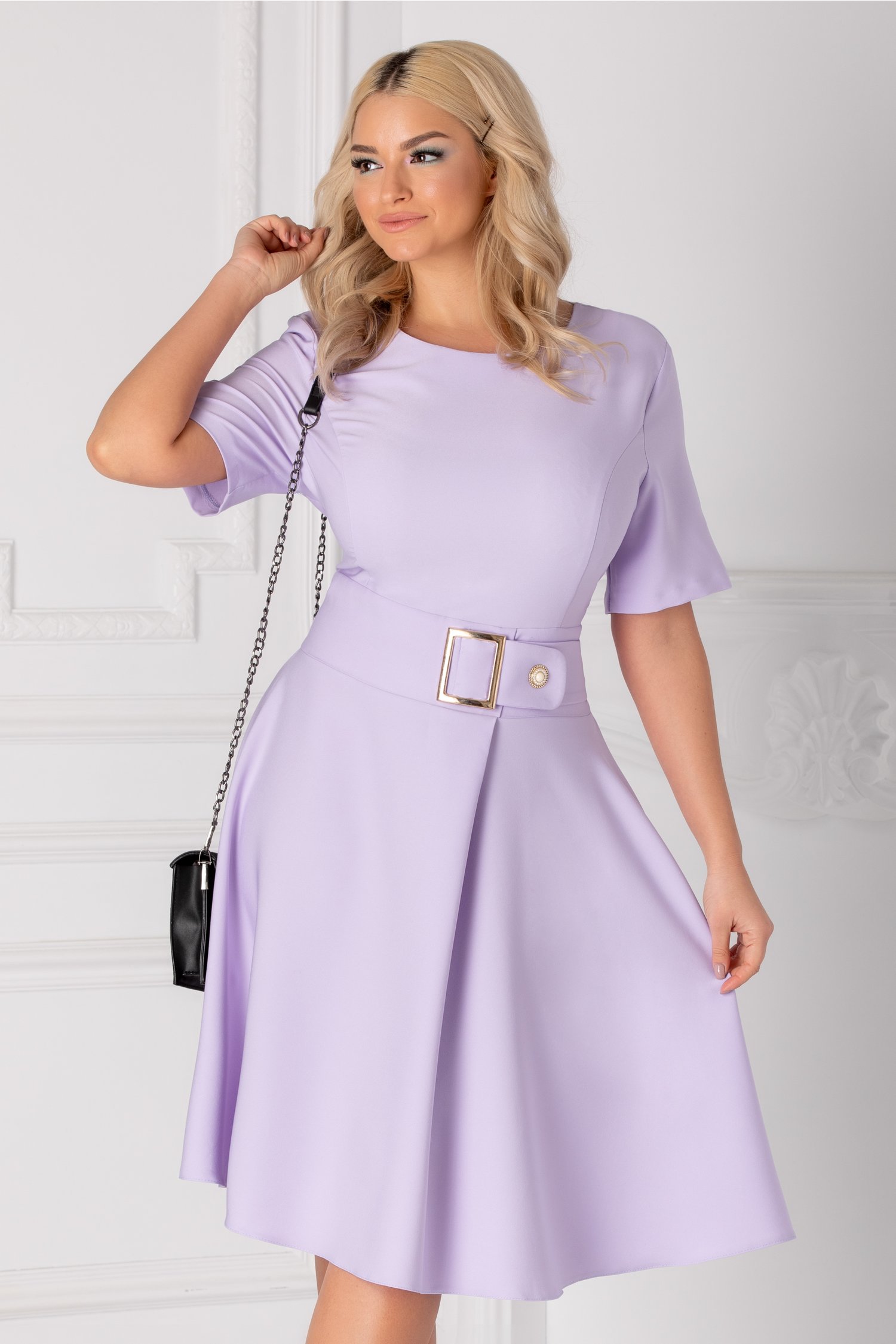 Rochie Nadine lila cu accesoriu in talie