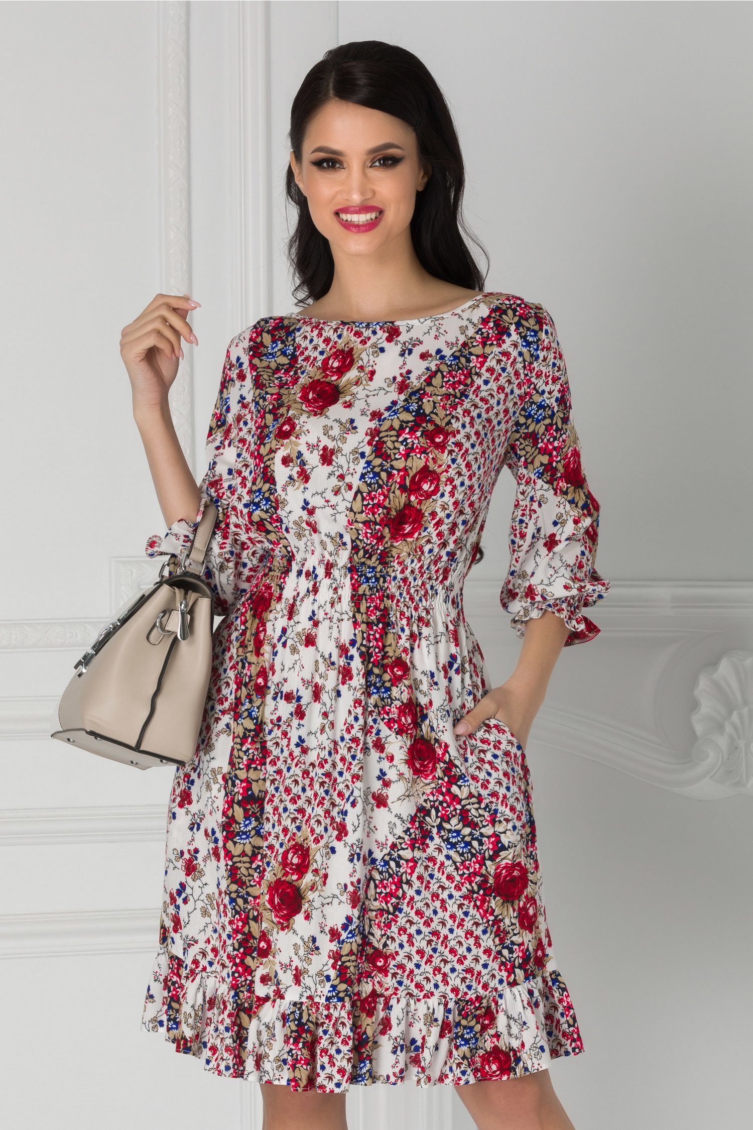 Rochie Natalia alba cu imprimeu floral rosu