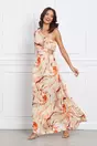 Rochie Natalia bej plisata cu imprimeuri orange si decupaj in talie