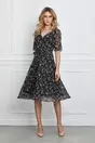 Rochie Natalia neagra cu flori roz si cordon in talie