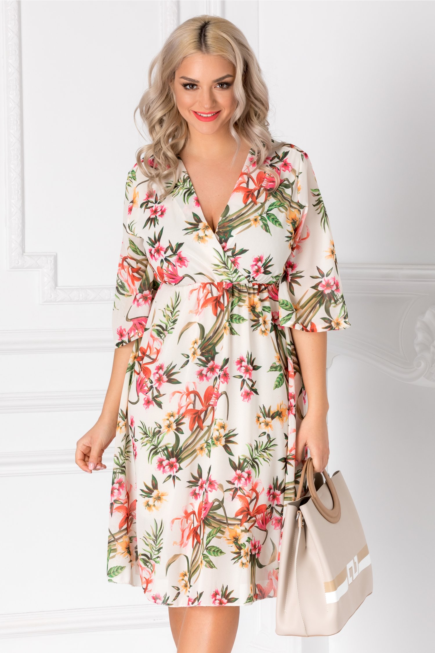 Rochie Nati ivory cu imprimeu floral colorat