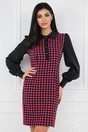 Rochie neagra cu imprimeu pepit fucsia si nasturi la bust