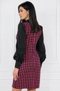 Rochie neagra cu imprimeu pepit fucsia si nasturi la bust