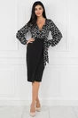 Rochie neagra cu imprimeuri albe pe bust si funda in talie