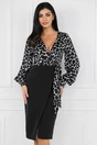 Rochie neagra cu imprimeuri albe pe bust si funda in talie