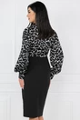 Rochie neagra cu imprimeuri albe pe bust si funda in talie