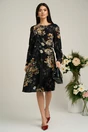 Rochie neagra cu imprimeuri florale bej si curea in talie