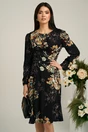 Rochie neagra cu imprimeuri florale bej si curea in talie
