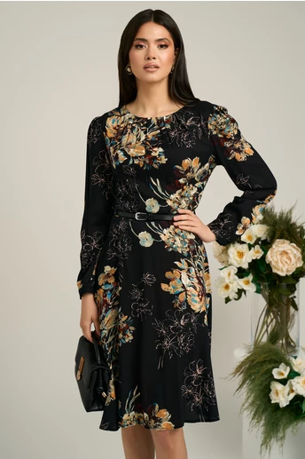 Rochie neagra cu imprimeuri florale bej si curea in talie