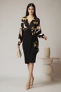Rochie neagra cu imprimeuri kaki pe bust si funda in talie