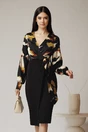 Rochie neagra cu imprimeuri kaki pe bust si funda in talie