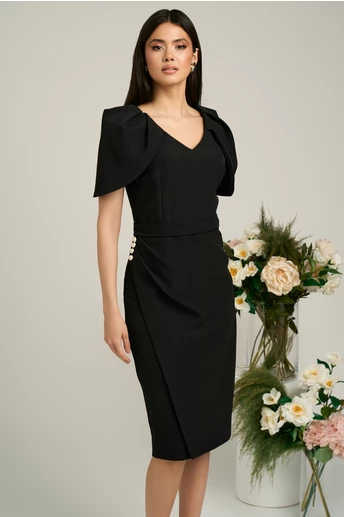 Rochie neagra de ocazie cu maneci lalea si perle pe talie