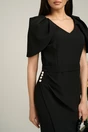 Rochie neagra de ocazie cu maneci lalea si perle pe talie
